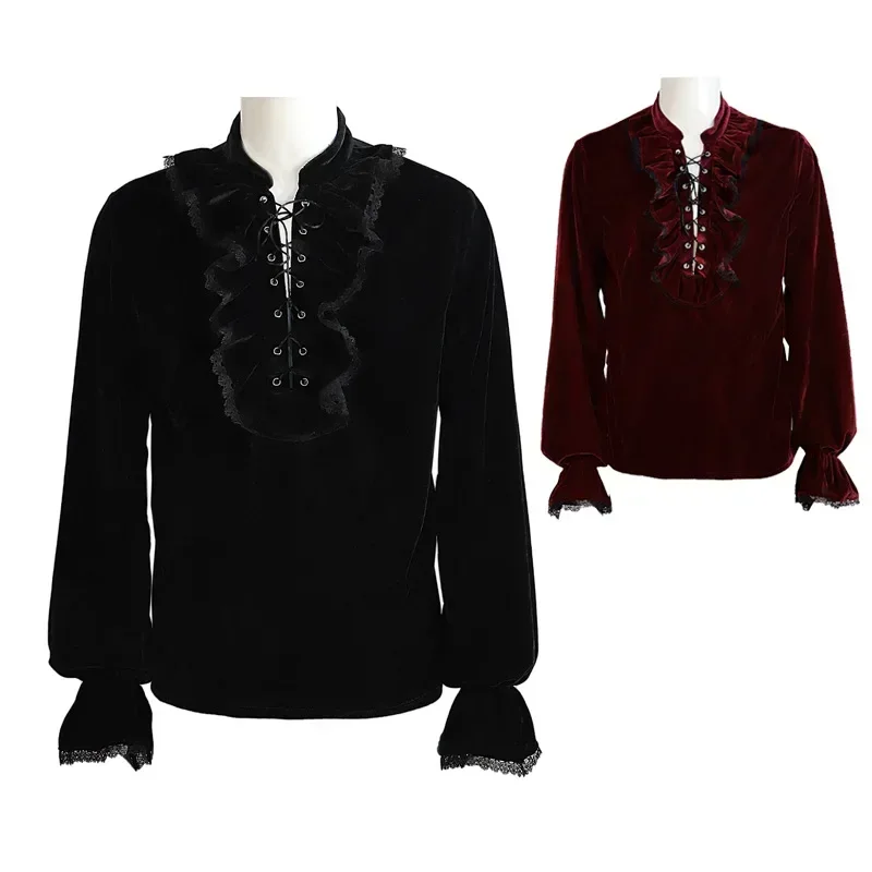 Men's Retro Velour Shirt Medieval Gothic Prince Costume Chemise Long Sleeve Lace-Up Velvet Top for Cosplay Party Stage