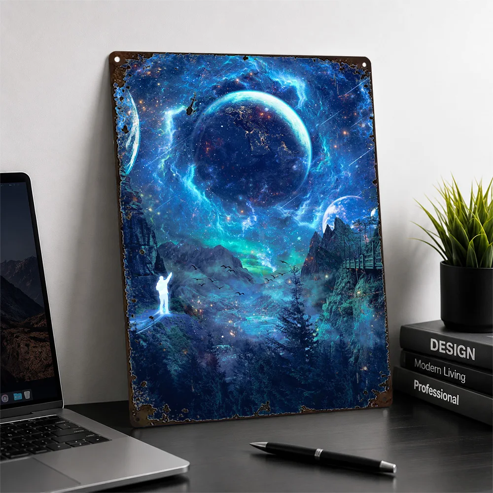 Lone Figure At Glowing Portal Aluminum Poster Surreal Wall Art For Living Room Personalized Metal Sign Astronomy Lover Gift Idea