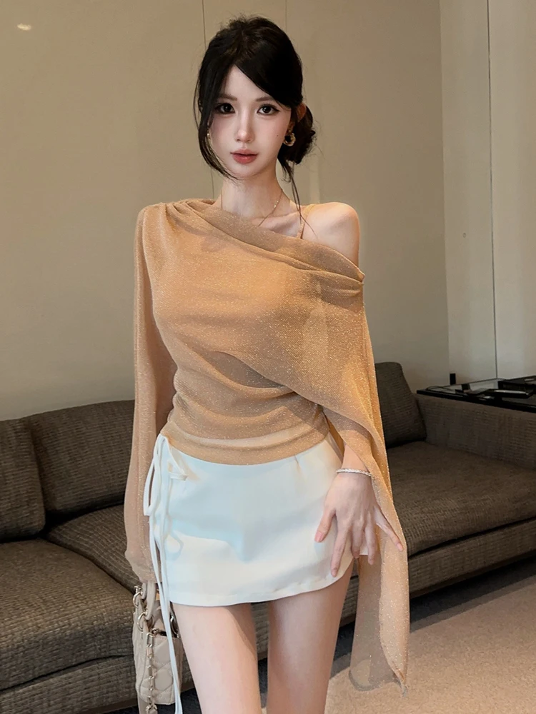 Sexy Semi-Body Skirt Set with Mesh Cover up Slimming Base Tank Top French Style Long Sleeve T-Shirt mid High Waist Pure Color