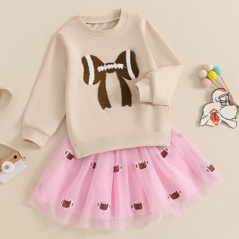 1 to 5 Years Baby Girl Skirt Sets Spring Autumn Clothes Bow Embroidery Long Sleeve Tops with Football Sequin Tulle Skirt