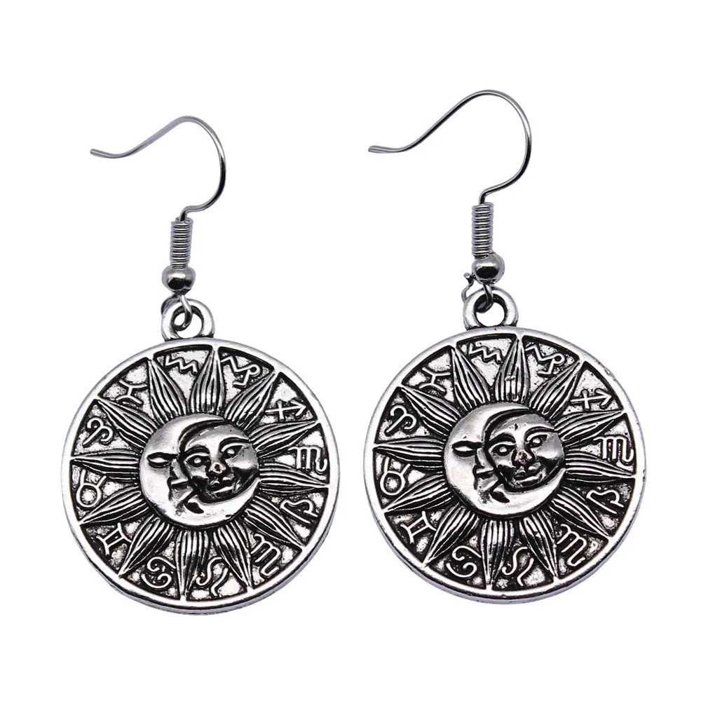 1pair Moon And Sun Zodiac Pendant Big earrings components charms for jewelry making vintage hook Size 18x19mm