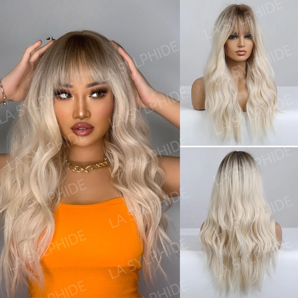 

European and American new brown gradual change platinum long curly bangs wig women Hair mechanism chemical fiber Wigs