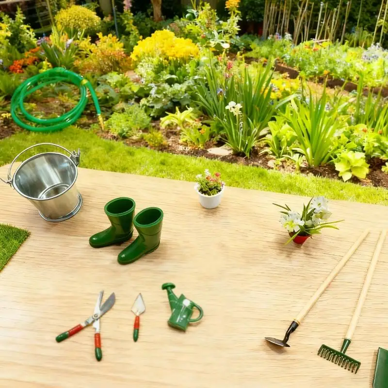 1Set Simulation Dollhouse Miniature Shovel Hoe Pitchfork And Water Pipe Repair Tool Play Fairy Garden Accessories Farming Tools