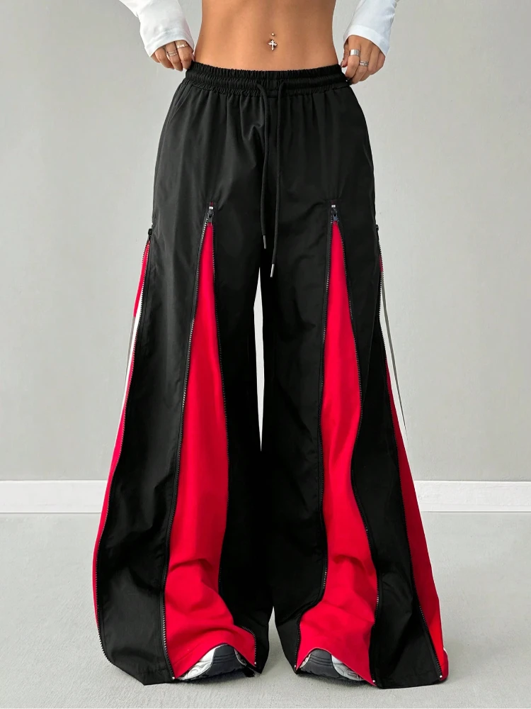 アメリカのストリート系ホットガール、カラーブロッキングトレンドファッション、原宿ヒップホップスタイル、ジッパー付きスプライシング、レトロな個性、ゆったりとしたフロアパンツ