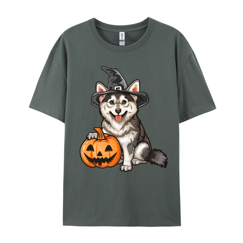 Husky Dog And Pumpkin Printing T-shirt Halloween Summer Autumn Tops Tees Hip Hop Premium Cotton Tee-Shirt Men T-shirts