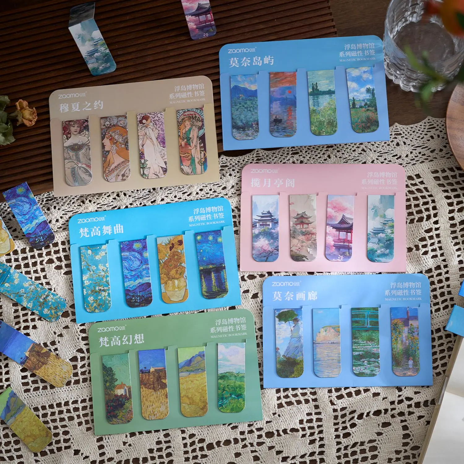 4pcs Retro Magnetic Bookmarks Set Artistic Monet & Mucha Gallery Designs Page Clips Book Markers for Reading Unique A7790