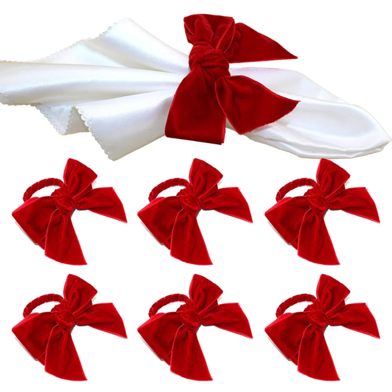 6pcs Napkin Clasp Bow Christmas Napkin Rings Chic Velvet Bowknot For Xmas Dinner Parties Wedding Holiday Home Napkin Holders