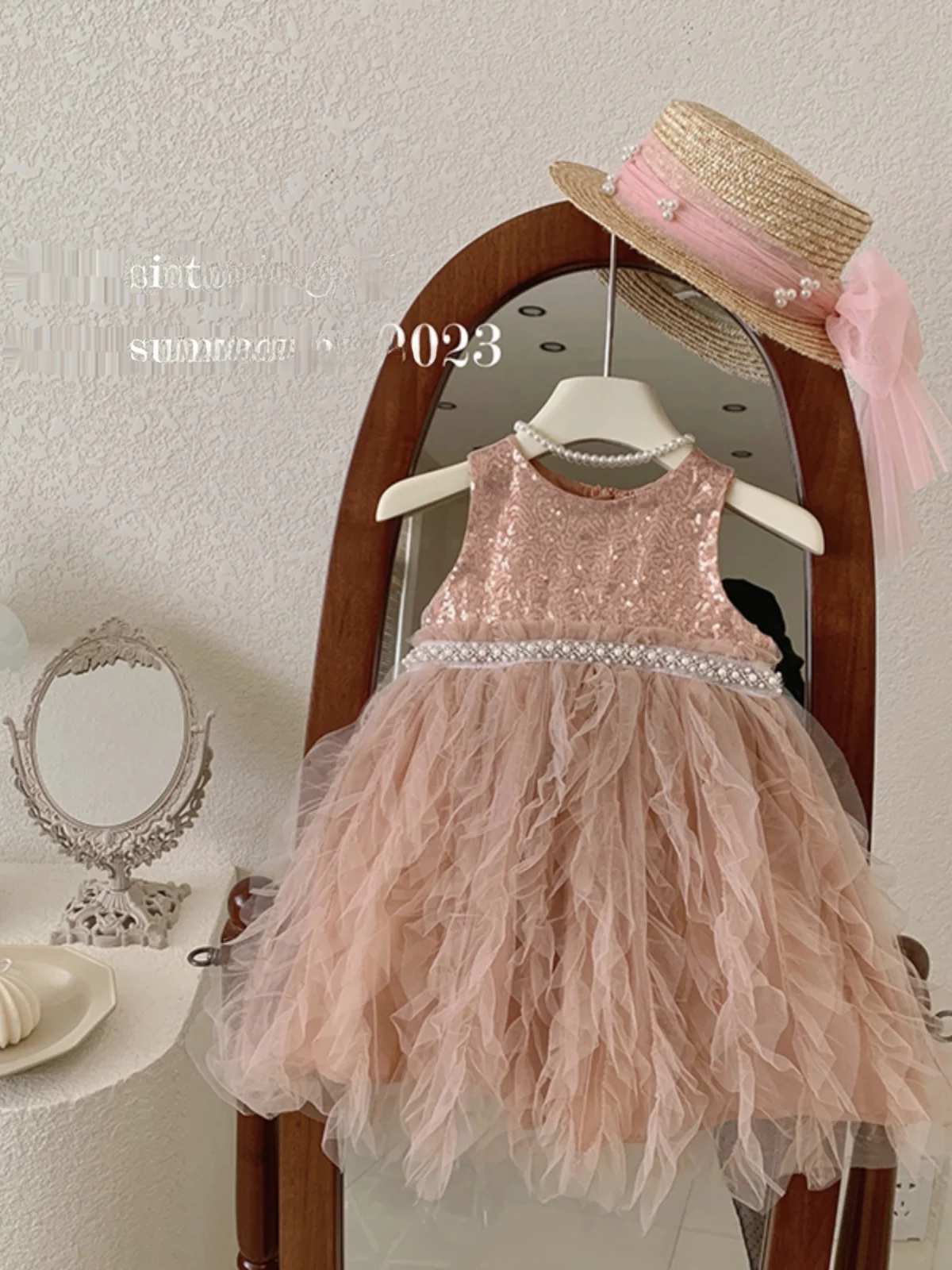 Girls Summer Luxury Dr Sparkling Princ Skirt Baby Silk Top Korean Sle Commute Regular Svel Faion for Kids