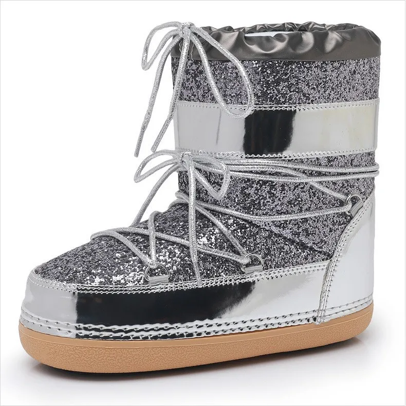 Winter Space Boots Thick Sole Sequins Real Fur Blinking Short Boots Snow Boots Women Kids Family Ski Shoes