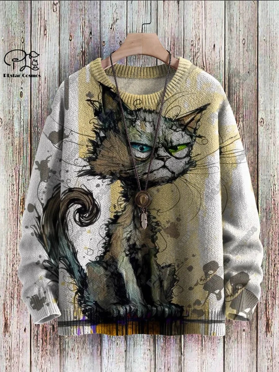 Unisex 3D impresso camisola Casual, camisola feia, padrão bonito e engraçado do gato, série animal, retro, inverno, M-9