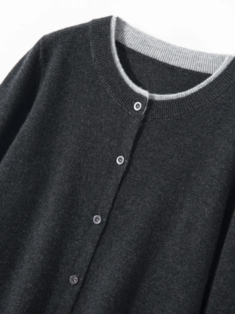 

New Chic Autumn Winter Women's Mock Neck Cardigan Two Pieces Contrasting Color100%Cashmere Sweater Soft Warm Female Clothing Top
