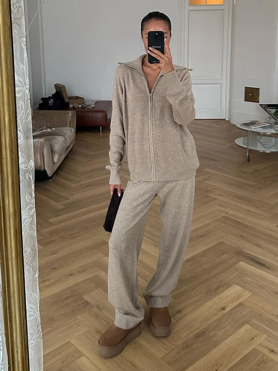 Americano europeu nova moda feminina cor sólida solta casual na moda simples 2 peças conjuntos com capuz zíper casacos calças de perna larga