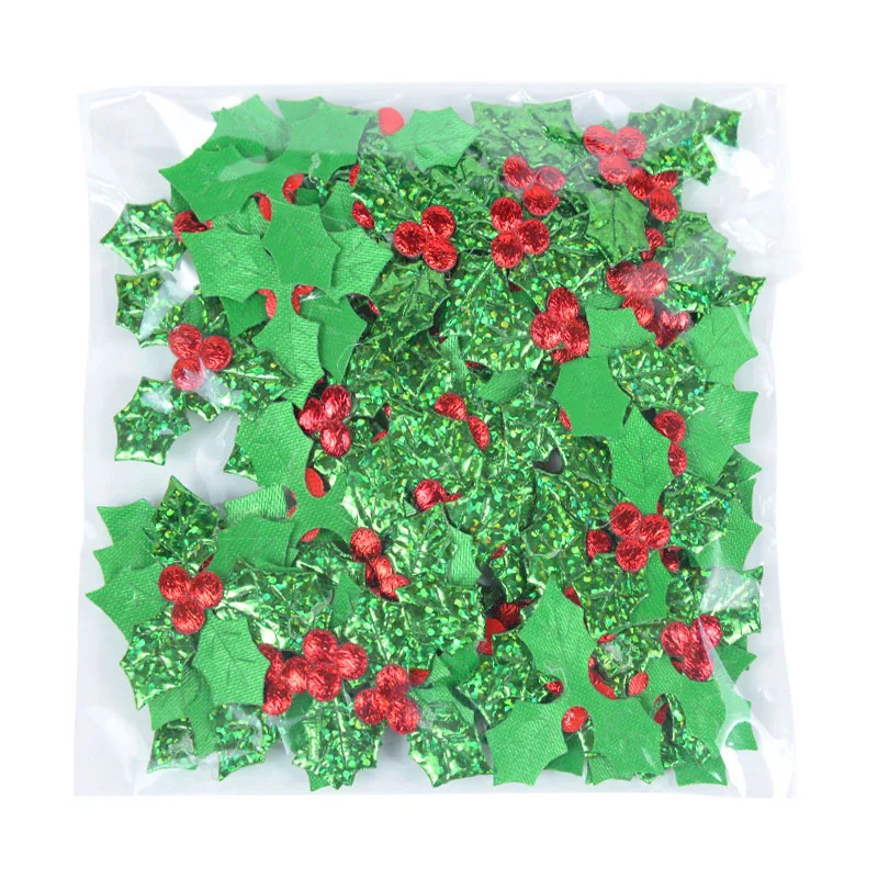 100pcs Glitter Fabric Red Berry Green Holly Leaves Appliques Christmas Decorations for Home Table Decoration Scrapbook DIY Craft