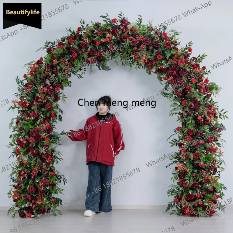 

2M Leaved Artificial Red Rose Round Arch Floral Wedding Stage Decoration Iron Art Heart-shaped Arch Floral Arrangement b567