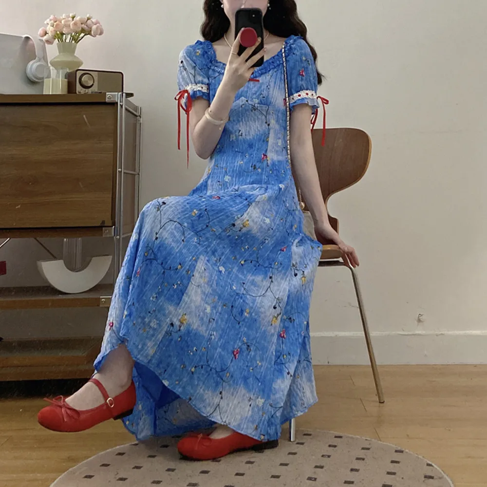 Tallas grandes suave dulce Sle gasa larga Dr azul estampado Floral adelgazante cintura alta A-Line falda coreana Sle verano Dr