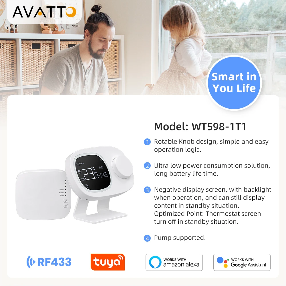 AVATTO WiFi Smart Thermostat Water Gas Boiler and Actuator Programmable Temperature Controller，RF433 Receiver，Alexa,Google Home