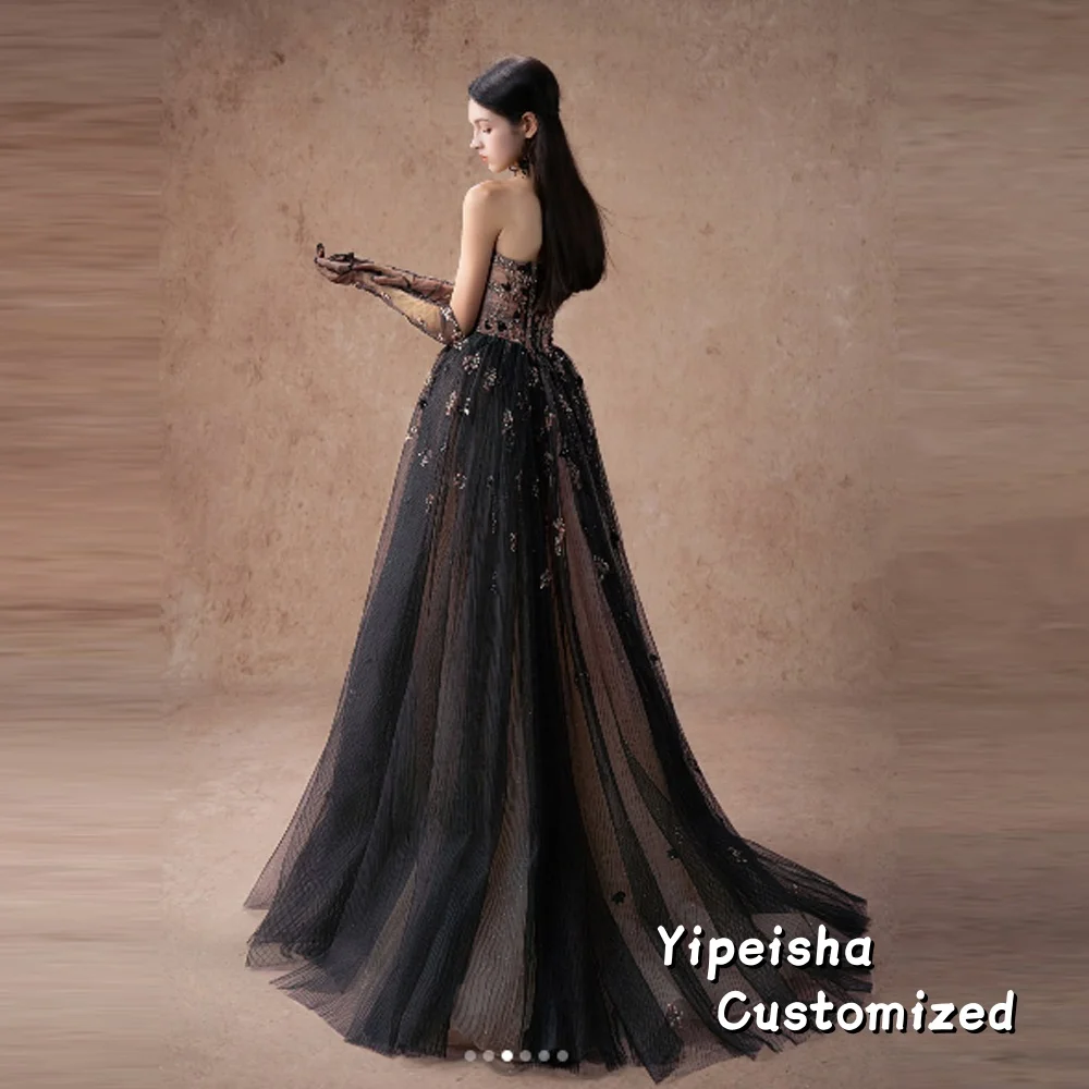 Vestidos de Noche negros de lujo, Apliques de encaje de cristal para mujer, fiesta de boda, vestido de graduación árabe personalizado