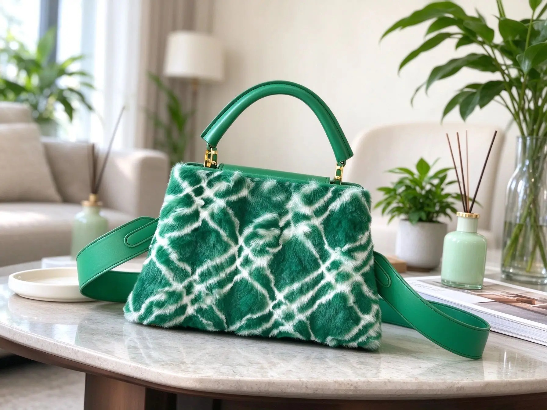 Chic Green White Printed Faux Fur Shoulder Bag For Women Fluffy Furry Top Handle Crossbody Daily Handbag