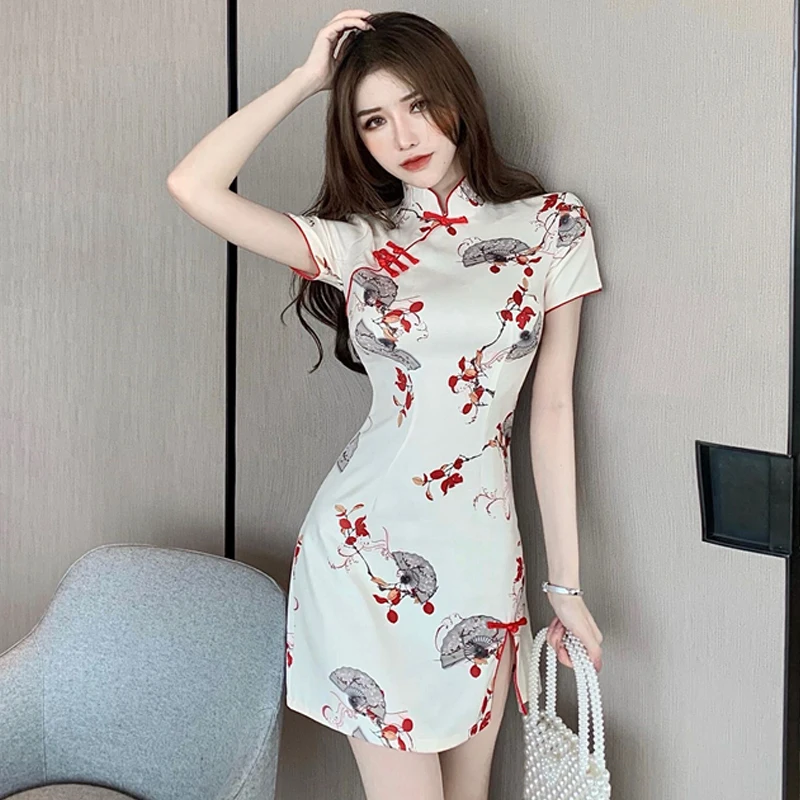 

Chinese Style Stand Collar Qipao Women Retro Print Cheongsam Party Nightclub Bar Sexy Lady Split Slim Dress Vintage Vestidos