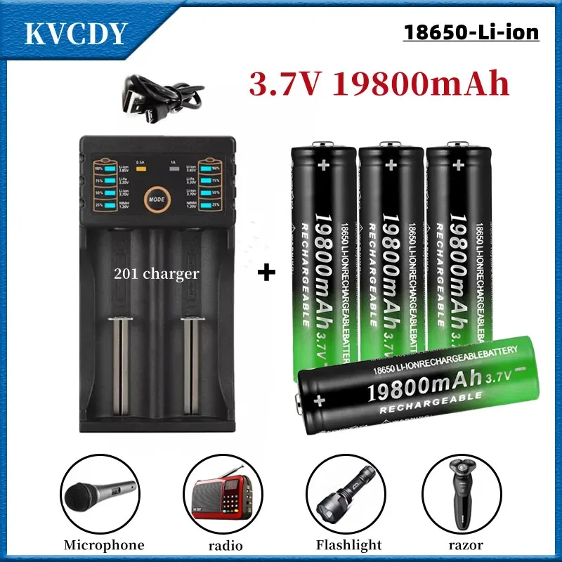

100% New 18650 battery 3.7V 19800mAh rechargeable li-Ion battery with charger for Led flashlight batery litio battery+ Charger