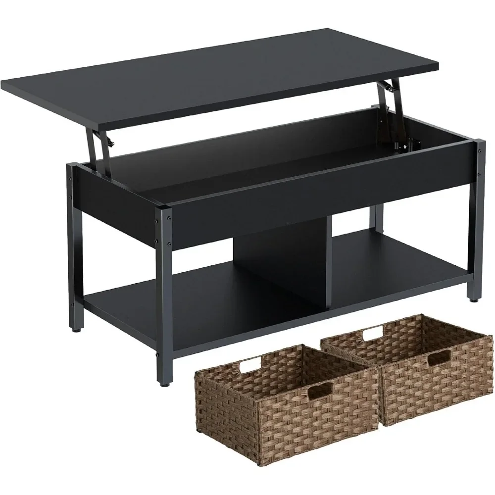 

Coffee Table with Lift Top, Hidden Storage Compartment and 2 Rattan Baskets, 41.7" Retro Central Table with Wooden Tabletop