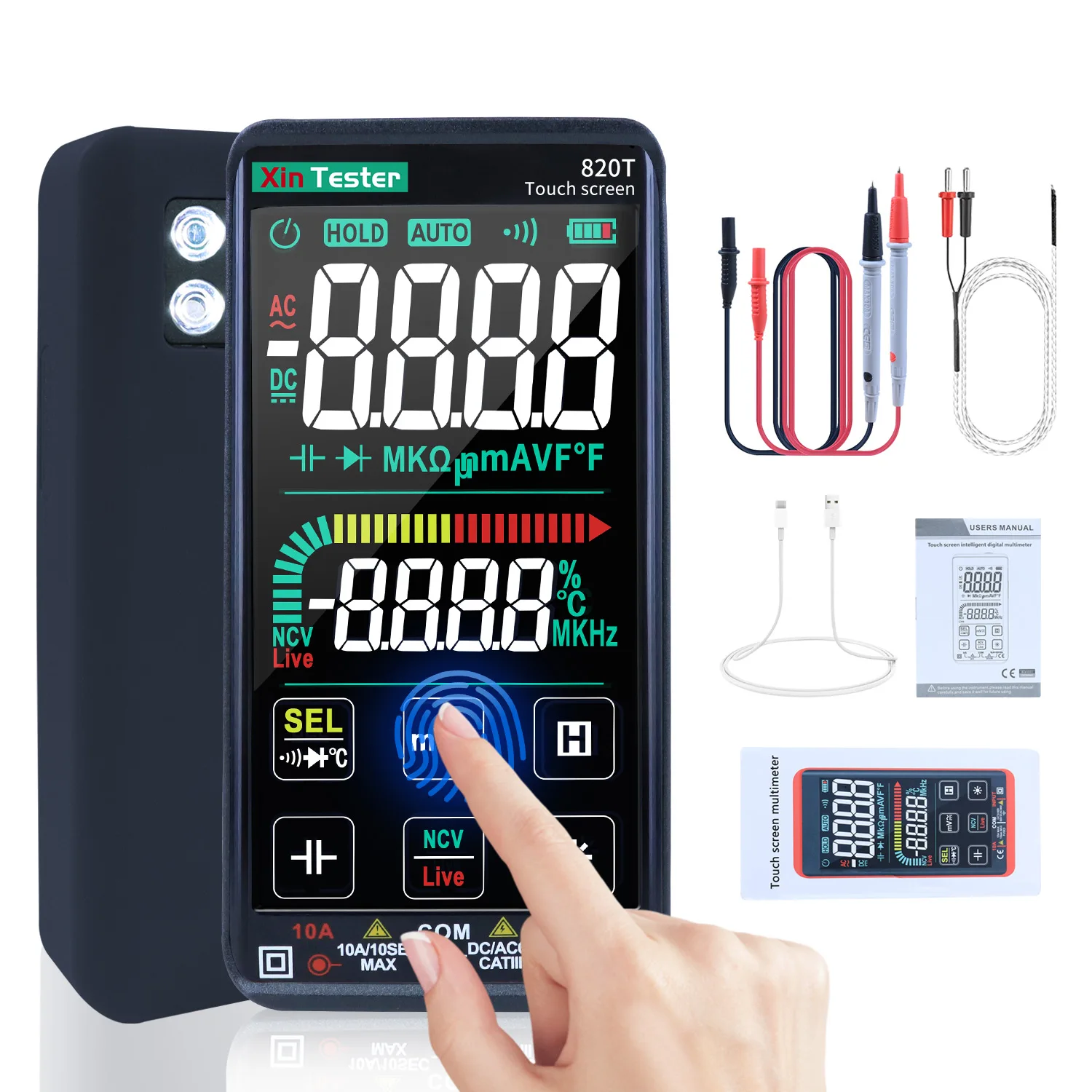 Xin Tester Touch Screen Digital Multimeter 820T AC DC Voltmeter Amp Ohm Resistance Capacitance Tester NCV +Rechargeable Battery