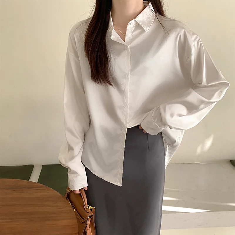 Vintage Loose Satin Blouse Women Long Sleeve Green Silk Shirt Women Fashion 2022 Casual Office Lady Oversized Blouses Tops 21494