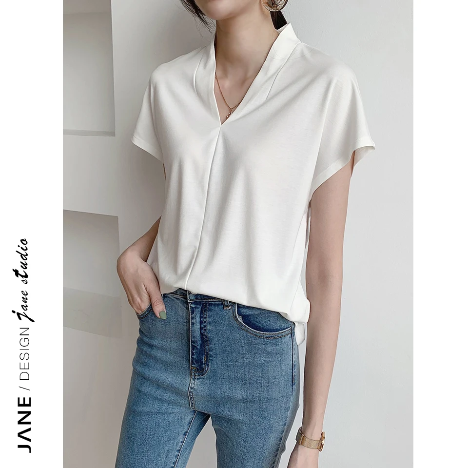 

JANE Women's ort Sve V-Ne irt Design Sensation Splice Mechanism White Cotton Commute Sle Regular Fit Pure Color