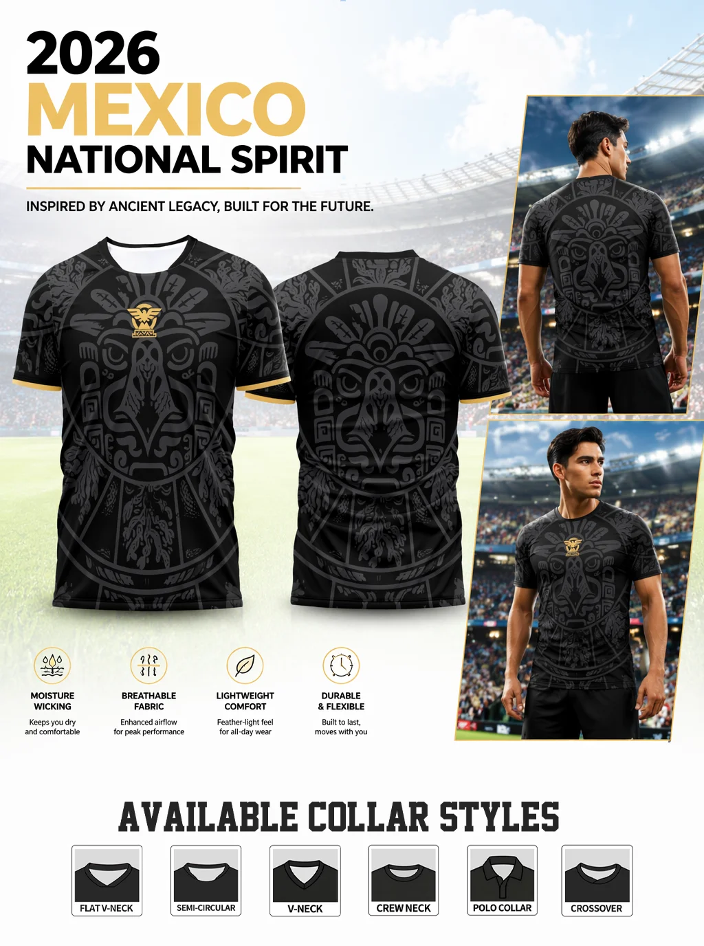 Mexico Aztec totem soccer jersey, black subtle print, gold cuff trim, quick‑dry & breathable, multiple collar styles