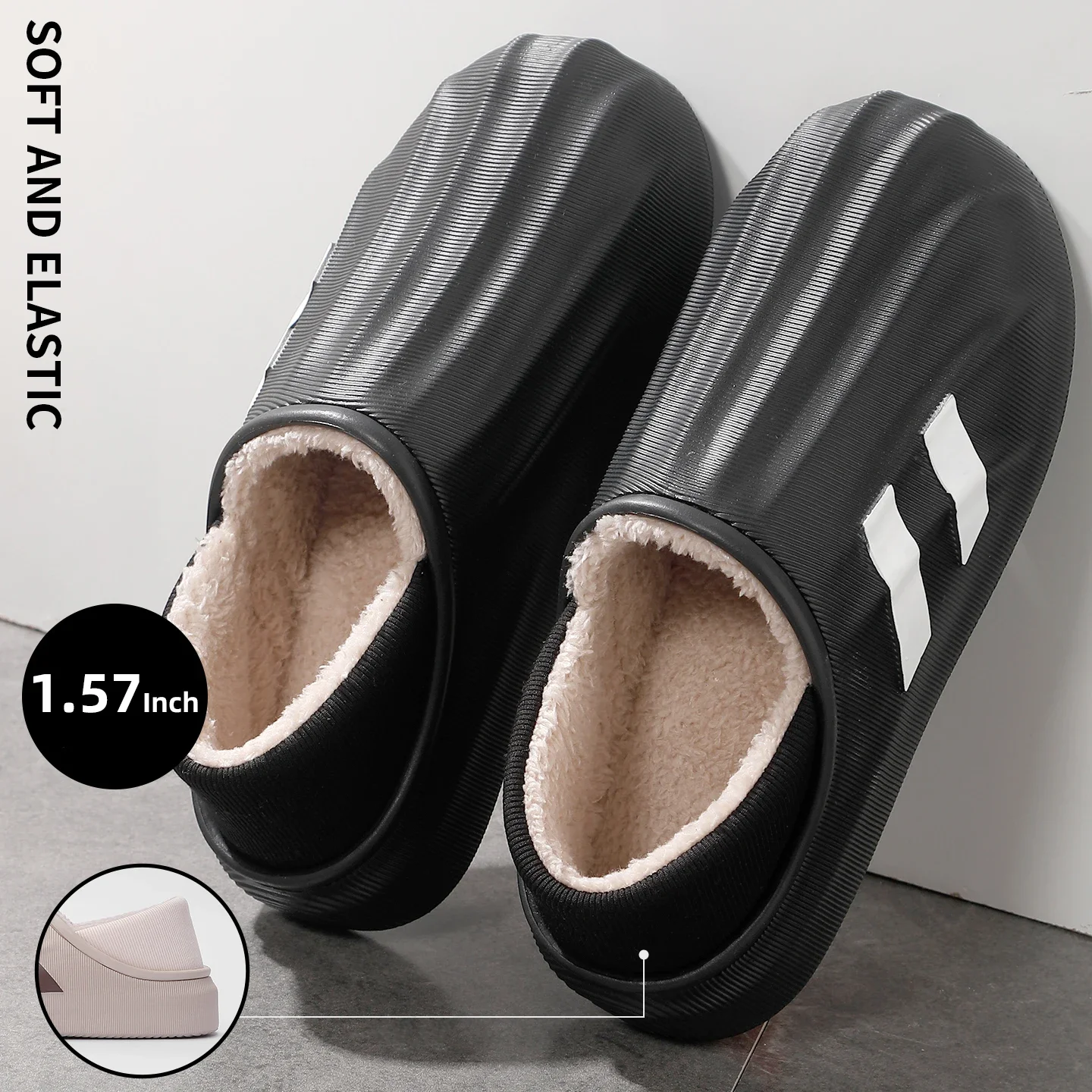 

2025 New Arrival Winter Classic Stripes Men's Cotton Slippers Thick Sole Plush Warm Anti Skid Indoor Outdoor Closed-Back Shoes