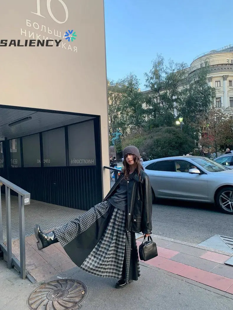 

SALIENCY Patchwork Tiered Skirt Women 2025 Vintage Checkered High Waisted Elastic Waist Slimming Midi Skirt