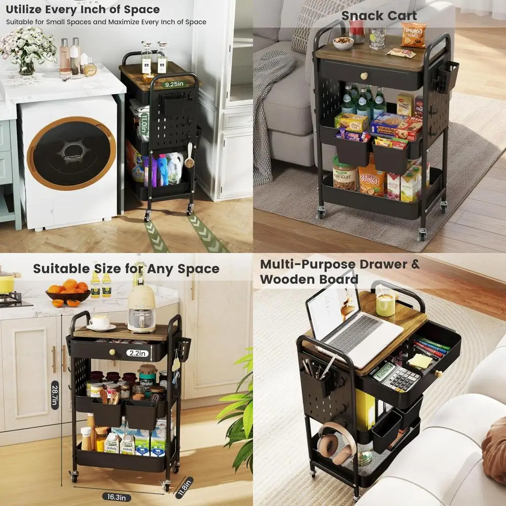 

Black Metal 3-Tier Cart with Wood Top, Rolling Storage, Pegboards, Hooks, and Hanging Cups