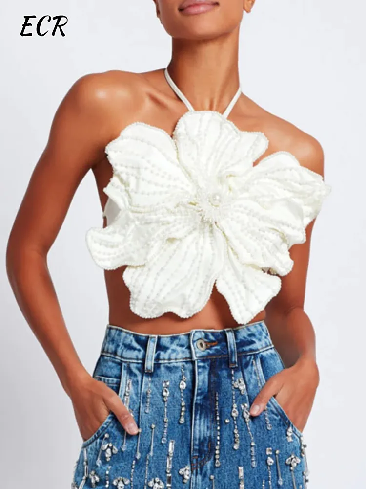 

ECR sexy patchwork pealrs tops for women halter sleeveless off shoulder backless short tank tops female fashion clothing style