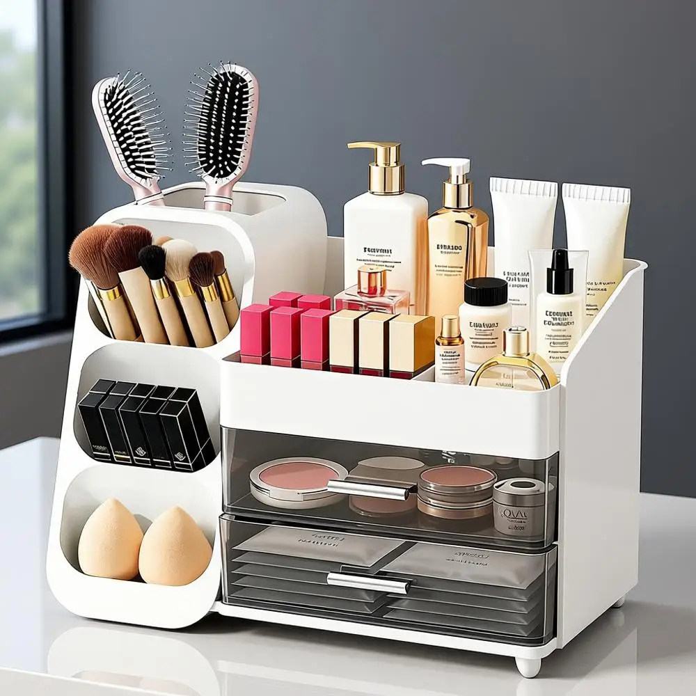 Spacious Vanity Makeup Organizer with Drawers, Ideal for Beauty Essentials, Skincare, Lipsticks, and Brushes Display