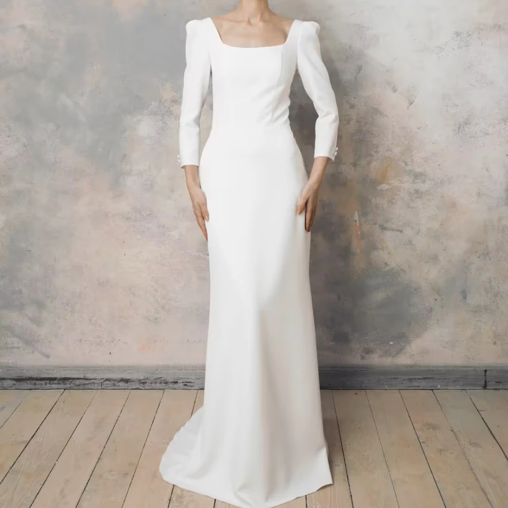 

Customized Crepe Wedding Dresses For Bride Square Collar A-line Simple High Quality Elegant White Bridal for Floor-Length Simple