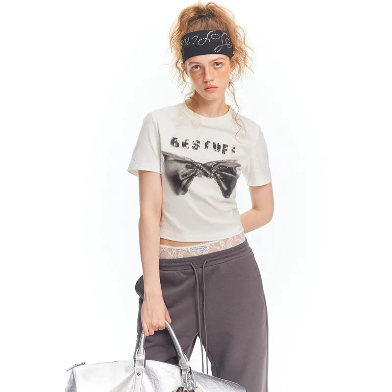 NXXTRESS High Street Y2k Sweet Emo donna Cute t-shirt Crop Top Baby Tee Harajuku estetica Bow Print Vintage manica corta