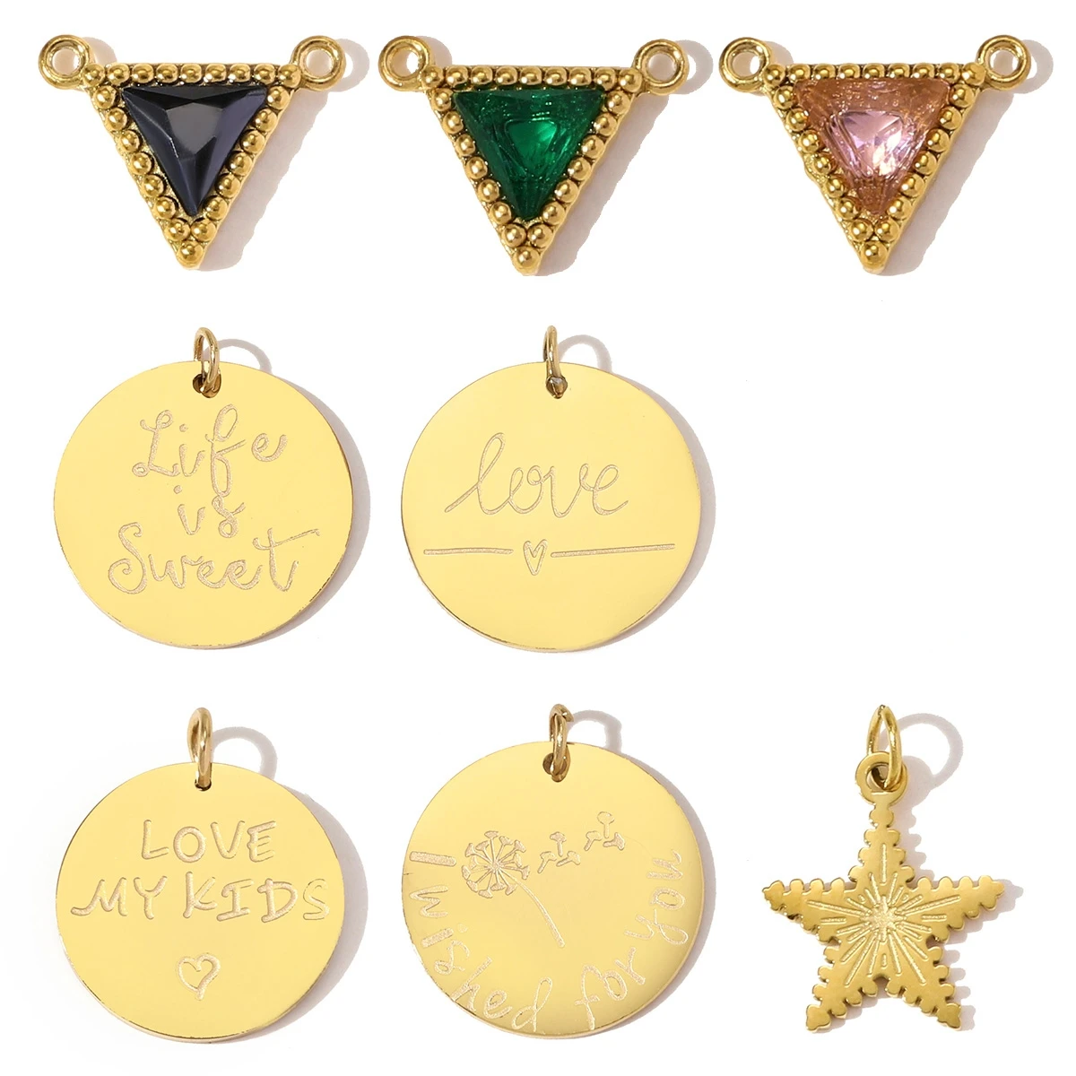 3Pcs/Lot Stainless Steel Life Sweet Love Disc Charms Triangle Zircon Pendants For DIY Fashion Jewelry Making Necklace Wholesale