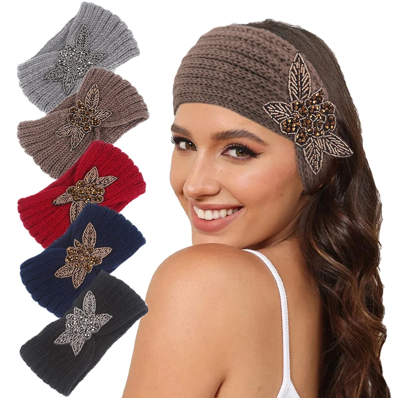 New Ladies Winter Warmer Ear Crystal Wide Knitted Headband Handmade Winter Headwear Ear Warmer Elastic Hair band Accessories