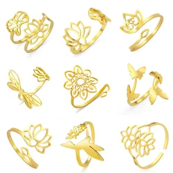 EUEAVAN 1pc Lotus Flower Ring for Women Stainless Steel Gold Color Adjustable Butterfly Hummingbird Rings Yoga Buddhism Jewelry