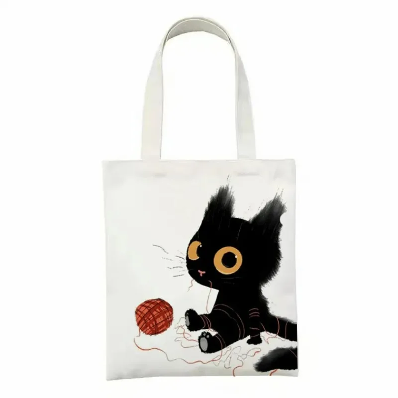 Black Cat Printed Canvas Tote Bag Foldable Harajuku Women Shoulder Handbag Eco Daily Shopping Bags Large Capacity Girls Handbags