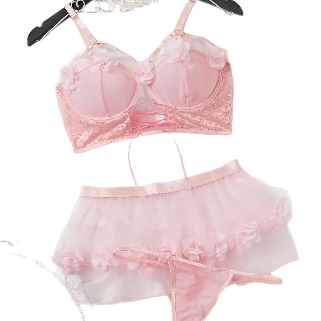 

Women's Sweet Sexy Lingerie Set Japanese Style Three-Dimensional Flower Design Mesh See-Through Princess Style