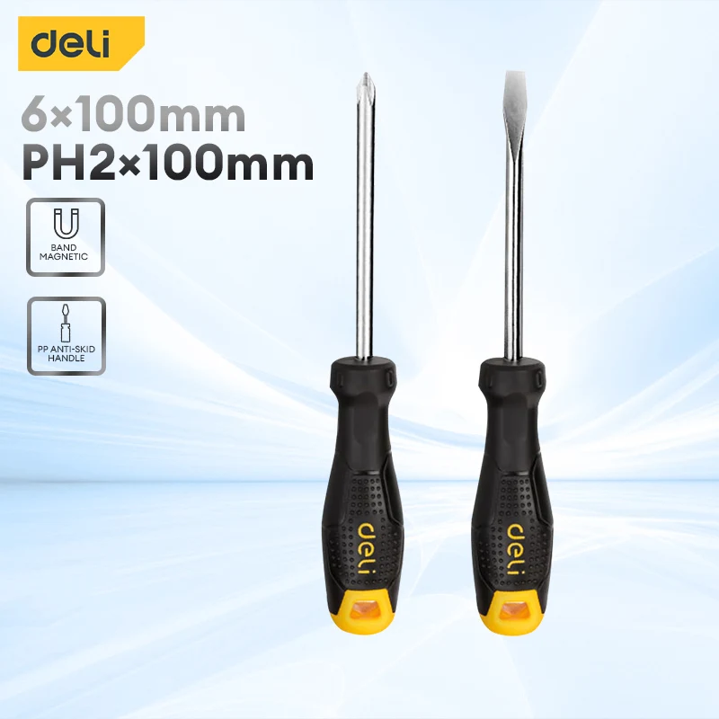 Deli 2Pcs Magnetic Screwdrivers Set with Phillips and Slotted Multi-Purpose Flat Head Cross Screwdriver Household Tool Set