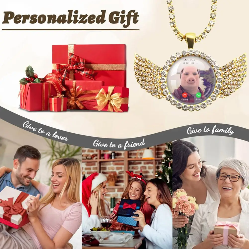 John Pork Is Calling Answer Call Phone Humor Funny Pig Lover Graphic The Moon Necklace Angel Wings Pendant Necklace Jewelry Gift - view 3
