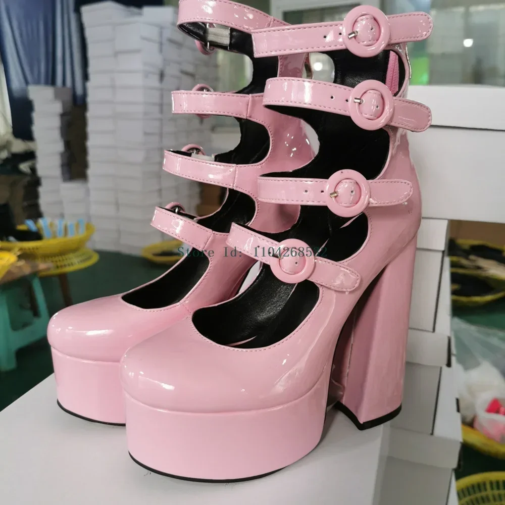 

Platform Patent Leather Buckle Strap Sandals Sexy Round Toe Square Heel Solid New Arrivals Fashion Women Runway Shoes