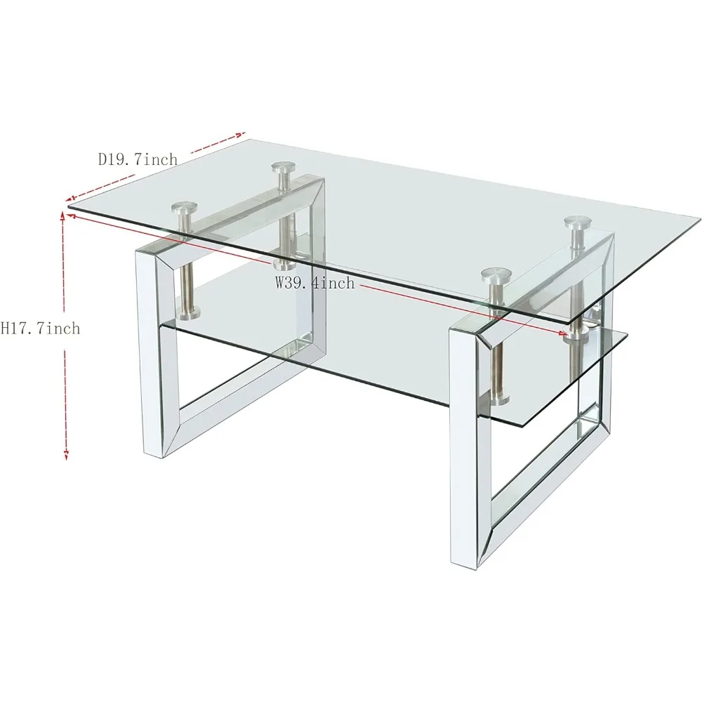 Mesa de centro de cristal, mesas de centro modernas con estante inferior y patas espejadas para sala de estar, oficina en casa, mesa de centro