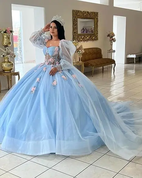 Céu azul quinceanera vestido de manga longa rendas miçangas vestido de baile noiva robe querida pescoço vestido personalizado vestidos de novia