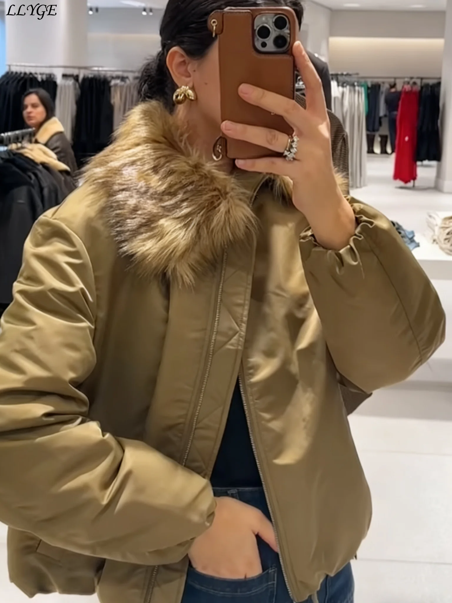 Casual Women's Fur Collar Bomber Jackets Loose Drawstring Lapel Zipper Full Sleeve Pockets Coats 2025 Autumn Lady Warm Outwear