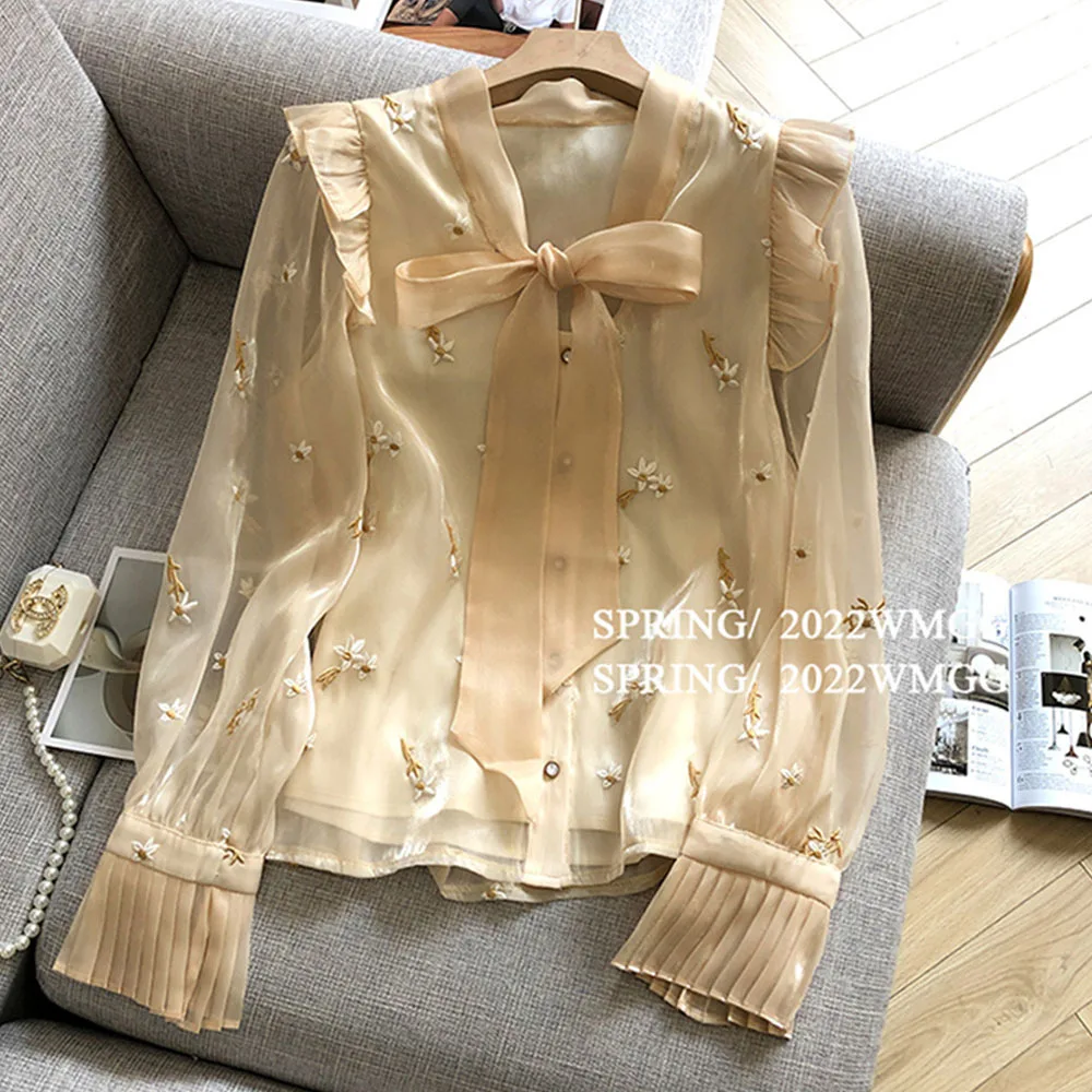 Women Loose Long Sleeve Organza Tops Casual Blouses Flower Embroidery Mesh Shirt Summer Elegant Blouse Slightly Transparent Top