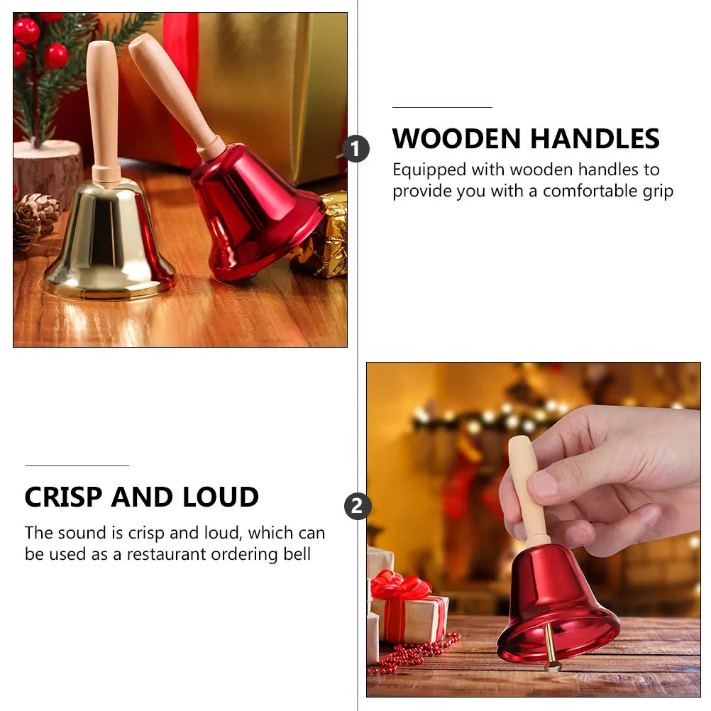 4Pcs Hand Bells Wooden Handle Metal Ball Inside Loud Crisp Sound Christmas Percussion Educational Service Bell