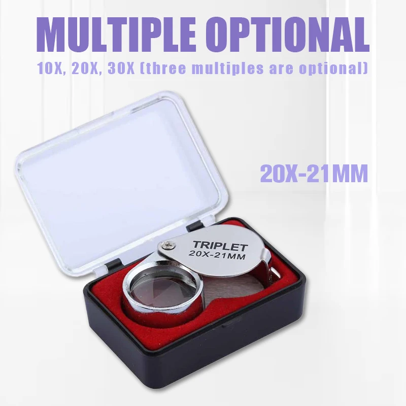 21mm Folding Loupe with Box 10X 20X 30X Portable Metal Magnifier Glass Triplet New Eye Tool for Magnifying Jewelry Diamond Watch